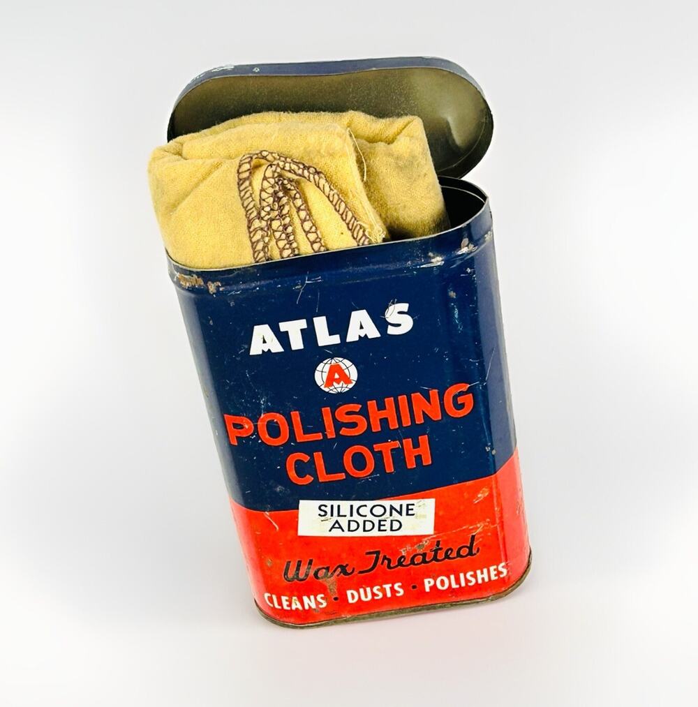Vintage Atlas Automobile Tin with Polishing Cloth Wax Treated with Silicone